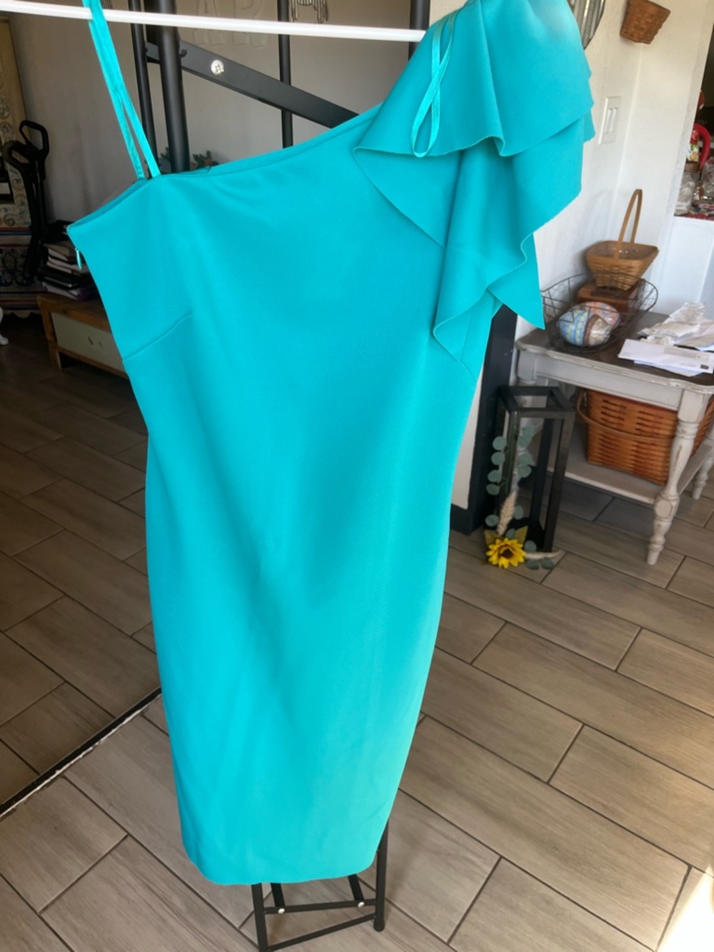 Jessica Howard Teal One-Shoulder Ruffle Sheath Dress